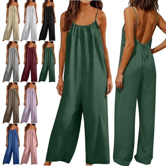 Summer Women's Linen Overalls Casual Solid-Color Strappy Backless Adjustable Drawstring Jumpsuit Women Wide-Leg Pants Size S-2XL