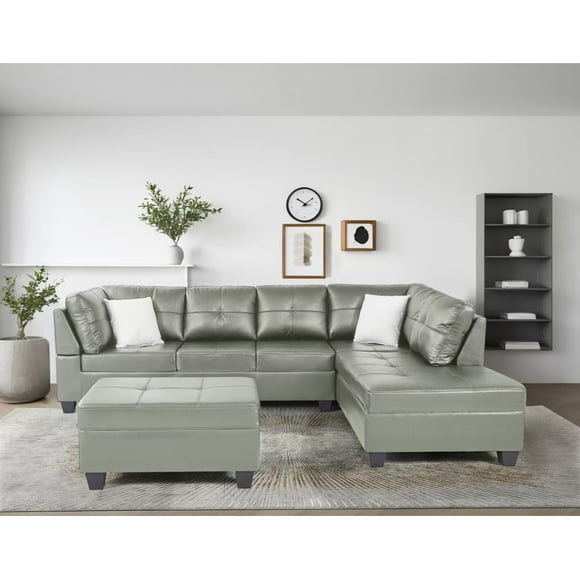 University Sectional with Storage Ottoman (RHF) in Grey PU Leather