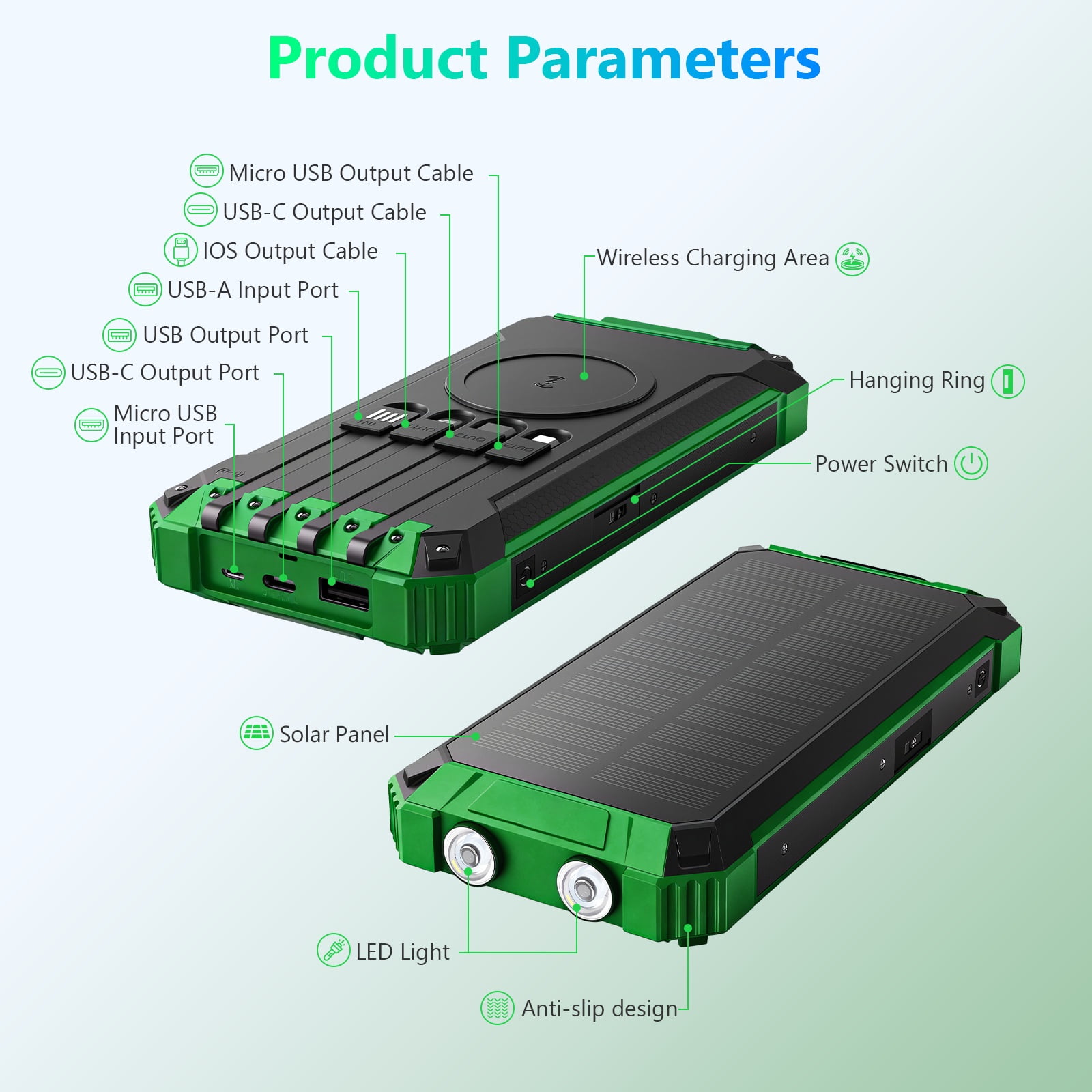 CATGOOD 20000mAh Solar Power Bank, 22.5W Fast Charging Portable Charger with 4 Built-in Cables & 10W Wireless Charging, Travel Battery Pack with Camping Flashlight(Green)