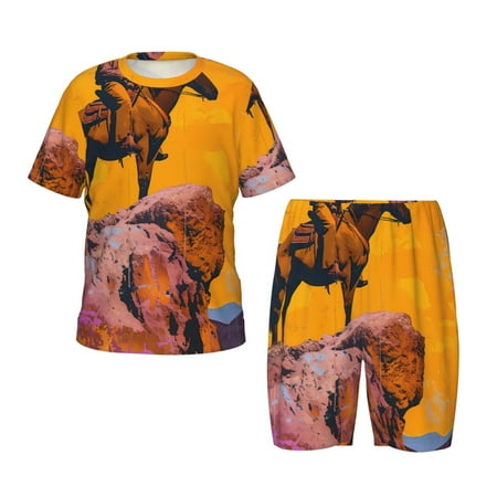Luyuia Cliff Western Cowboy Print Girls  2-Piece Tie-Dye Pajama Set  Cute Summer Loungewear with Shirt and Tank Shorts Nightwear-Large
