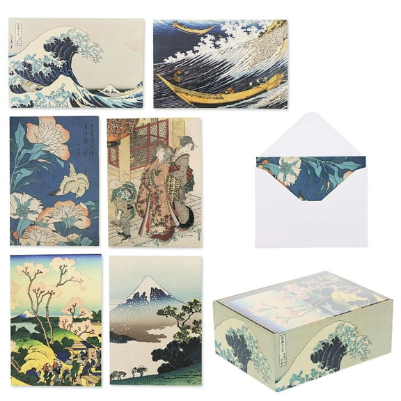 The Gifted Stationery Assorted Greeting Card Box - Blank Interior Note Cards & Envelopes - Hokusai Japanese Stationery for Thank You & Birthday Notes - All-Occasion Greetings - 36 Count, 3.5 x 5 In