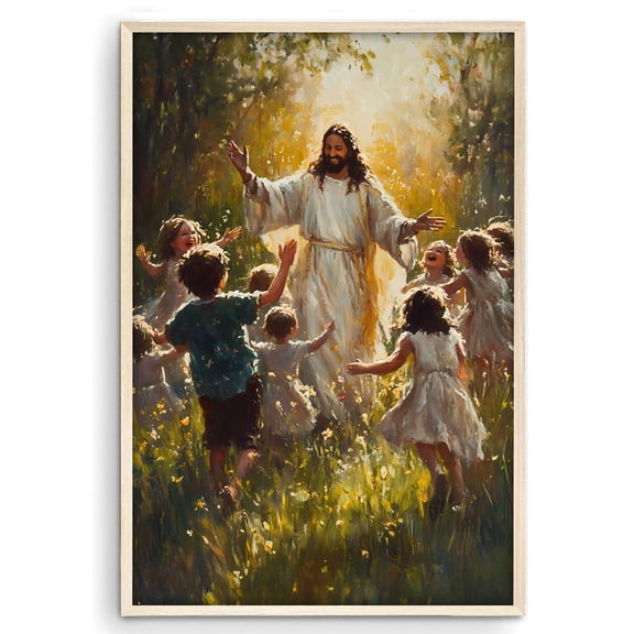 Jesus Plays With Children Poster Christian Pictures Wall Decor Catholic Sacred Heart Of Jesus Painting Religion Bible Poster For Church Prayer Room Living Room