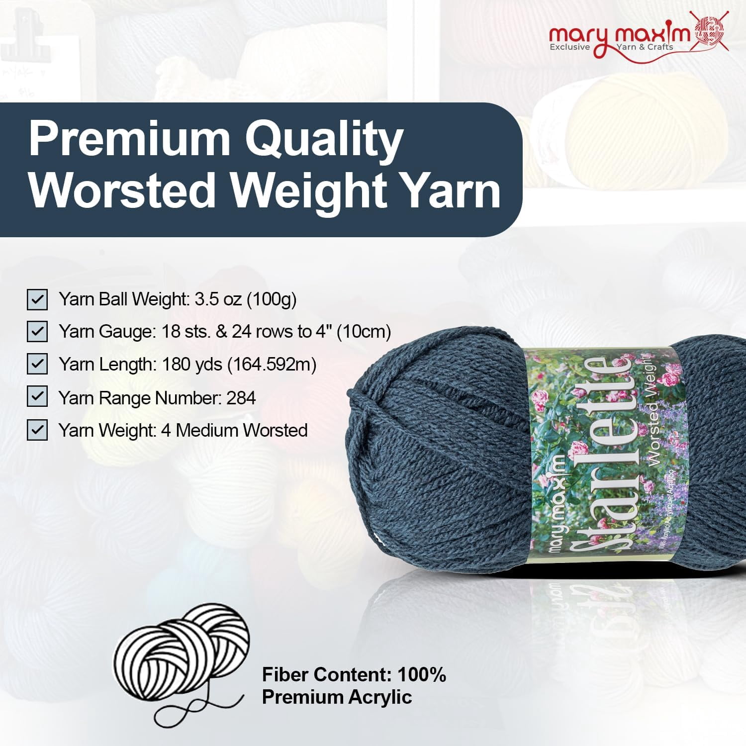 Mary Maxim Starlette Crochet and Knitting Yarn - Acrylic Worsted Weight Yarn 4, Dark Azure