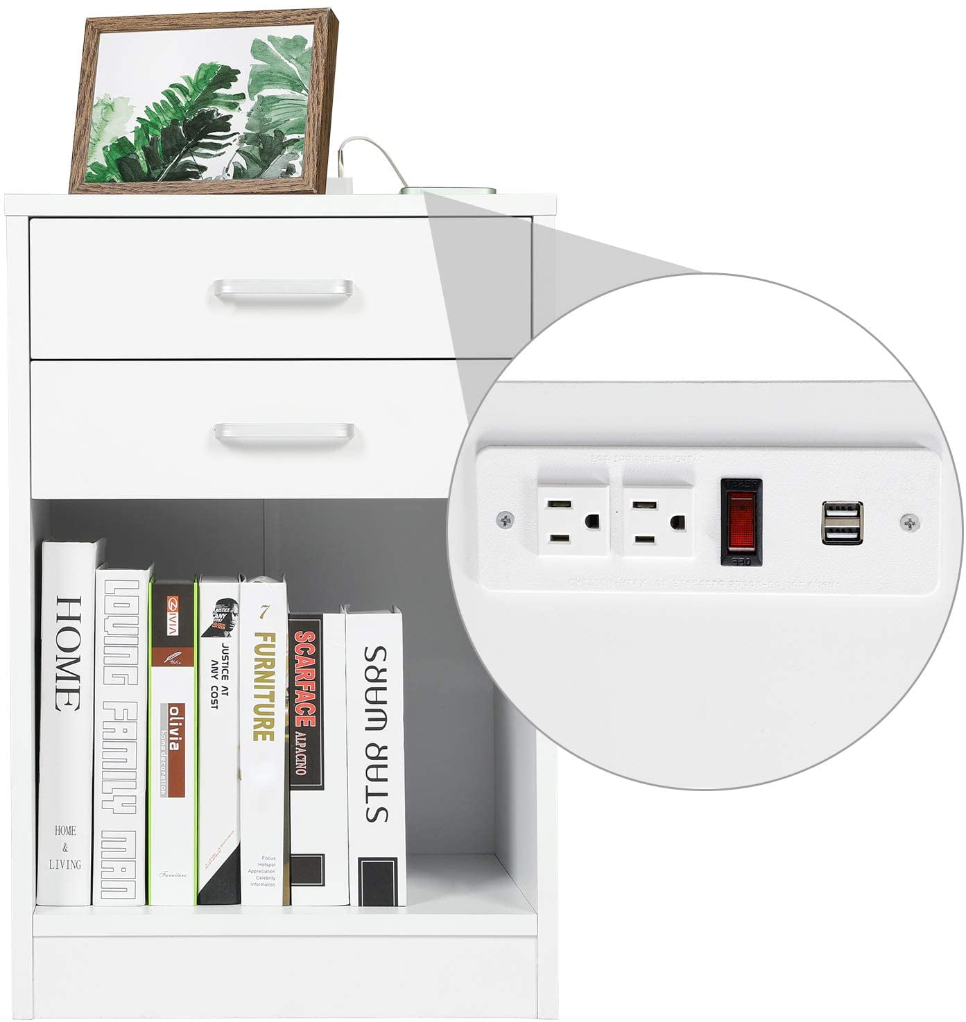 White Nightstand with USB Port 2 Drawers for Bedroom