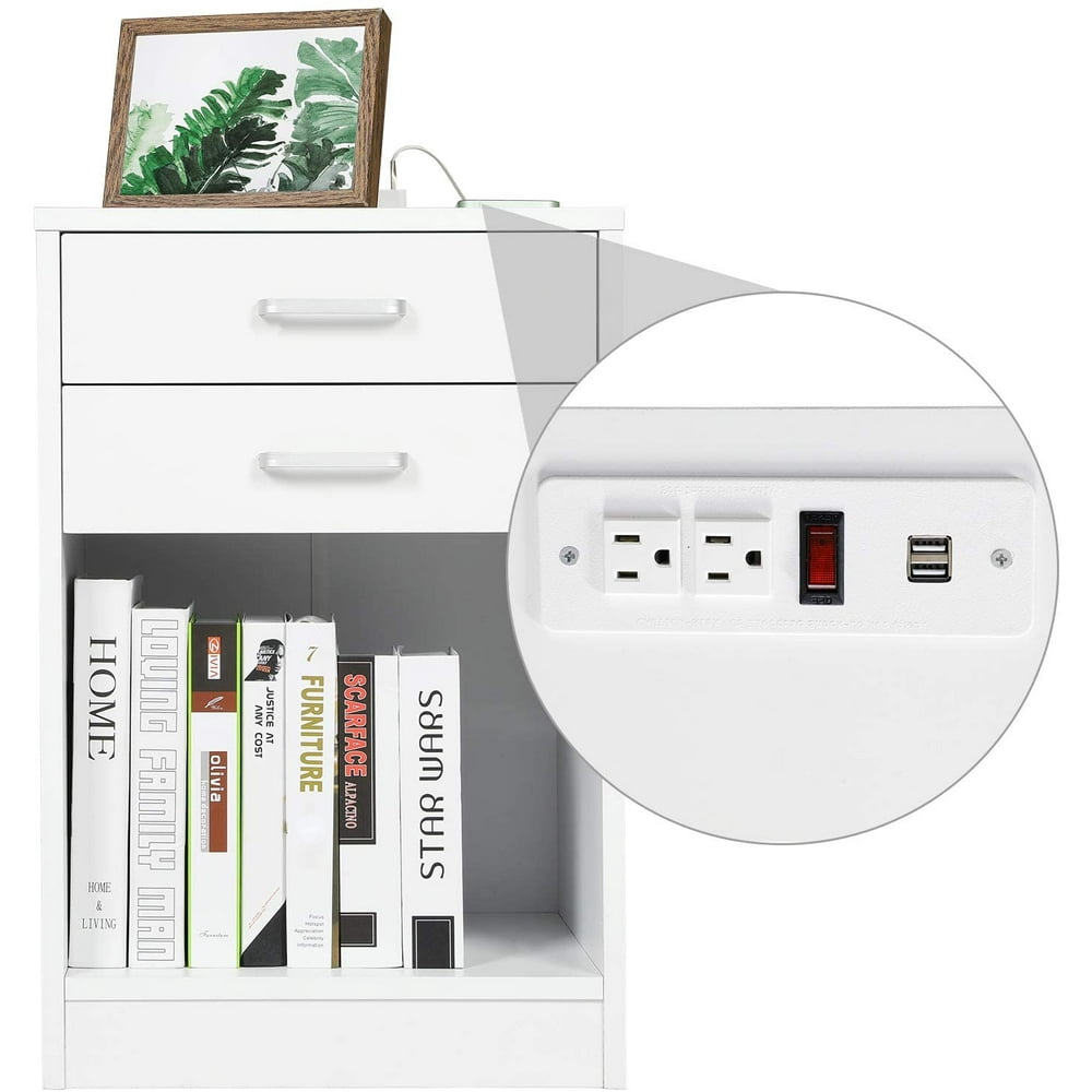 White Nightstand with USB Port for Bedroom End Table Side Table Wooden