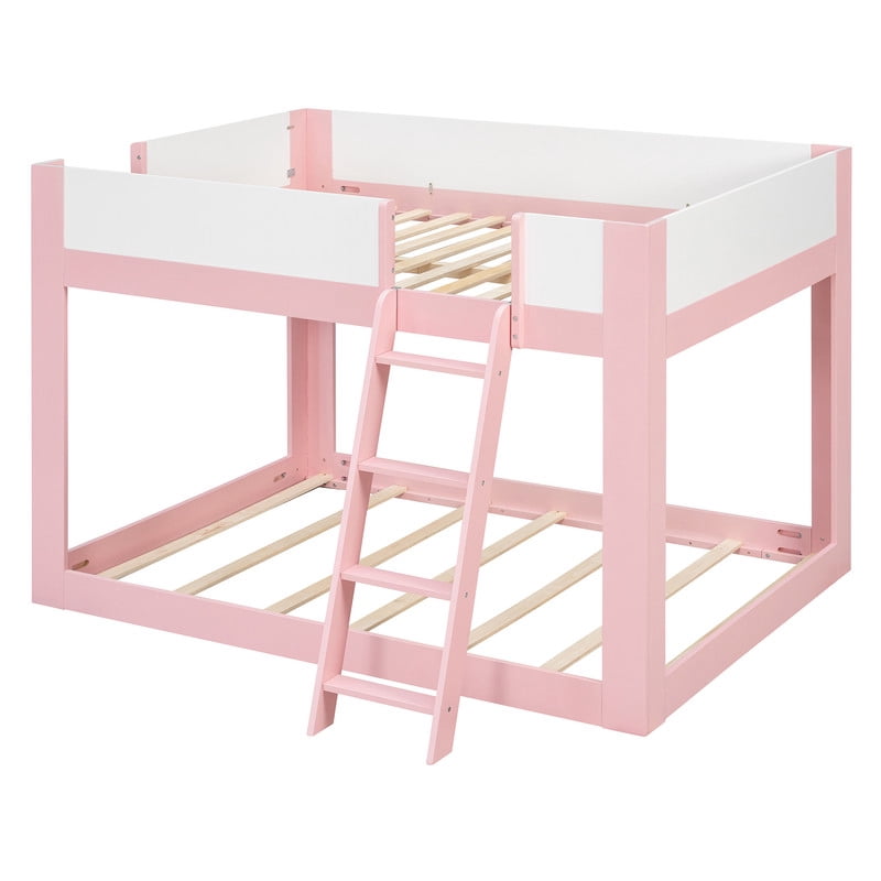 Full-Over-Full Low-Profile Bunk Bed with Guardrails, Wooden Kids Bed with Reversible Ladder, Accent Two-Tone Bed Frame