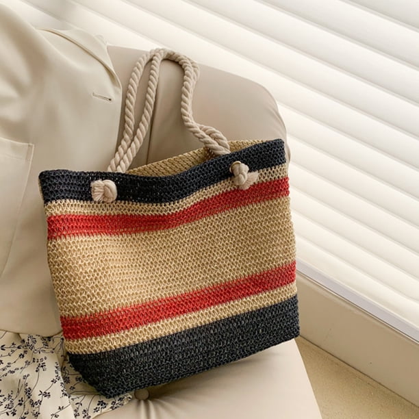 Bolso tejidos a mano de verano de hombro con rayas de contraste de color para fiesta (azul)