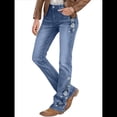 thumbnail image 3 of Vaqueros de Corte Acampanado, Elásticos, de Cintura Media y con Bordado Floral para Mujer, con Bolsillos Azul XXL, 3 of 10