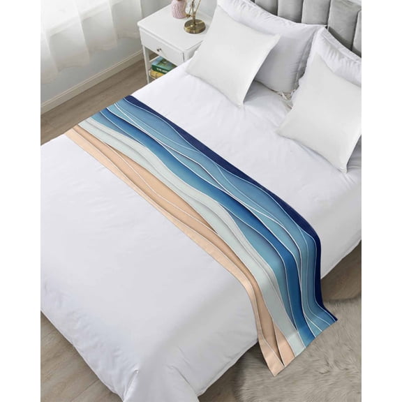 Xipuska Geometric Blue Bed Runners for Cal King Size Bed, Decorative Bed Throws for Foot of Bed, Ocean Wave Stripes Modern Abstract Beach Bed Runner Sofa Throw Bedding Scarf Slipcover for Bedroom