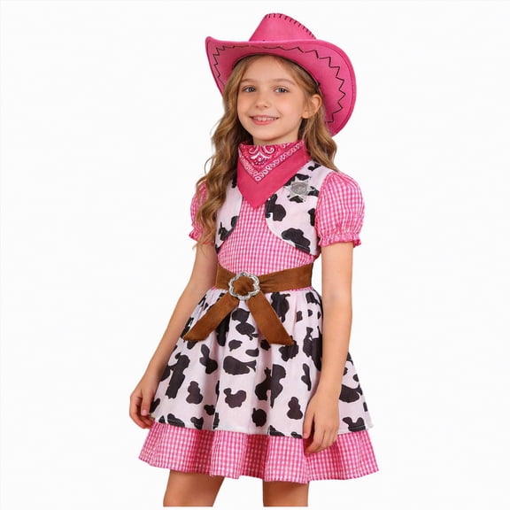 mgoYE Cowgirl for Girls Western Outfit Dress Cowgirl Hat Square Towel for Halloween Western Dress Up(Hot Pink,6-7 Years)