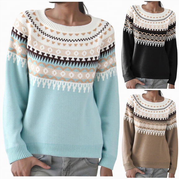 vigerkar Fair Isle Sweater Women Oversized Knit Vintage Crochet Cozy Long Sleeve Pullover Sweaters Fall Winter Outfits (Khaki, S)