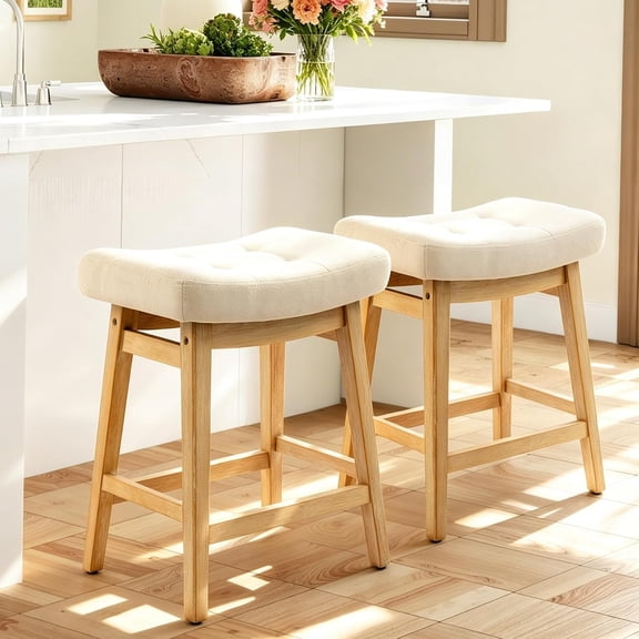 Counter Height Bar Stools Set of 2 for Kitchen Counter, Backless Farmhouse Island Short Barstools No Back with Padded Fabric Saddle Seat & Solid Wood Legs Modern 24 inch Counter Top Bar Chairs, Khaki