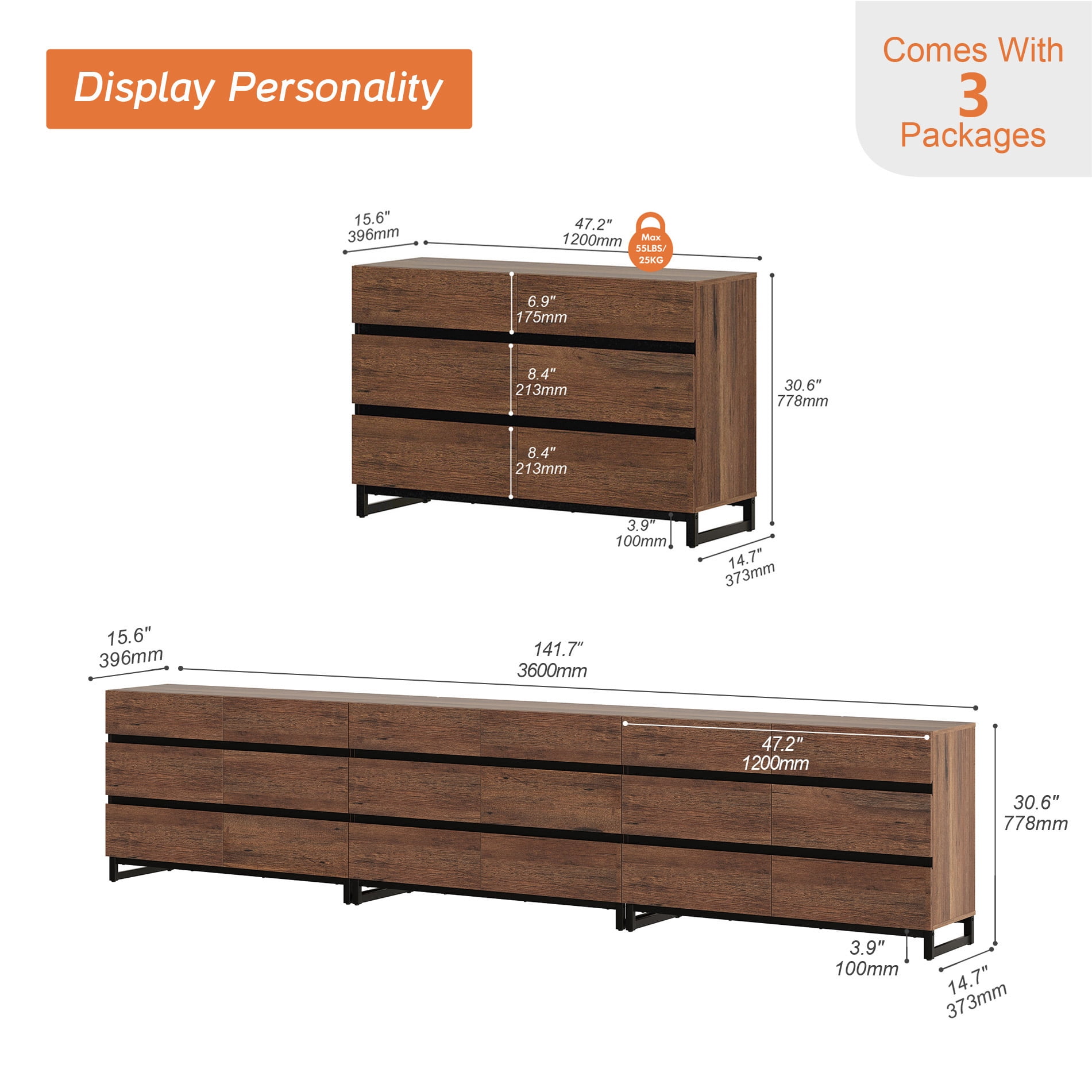 Modern Buffet Sideboard Cabinet with 18 Smooth-Glide Drawers and Sturdy Metal Base, Multifunctional Coffee Bar Storage Organizer Cabinet for Kitchen, Dining Room and Living Room,Brown
