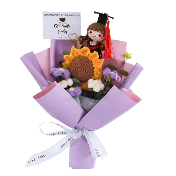 Hagloyecr 2026 Graduation Crochet Flower Bouquet With Knit Sunflowers Artificial Flowers and Doll Graduation Gift For Him Her Home Decor Graduation Purple(B)