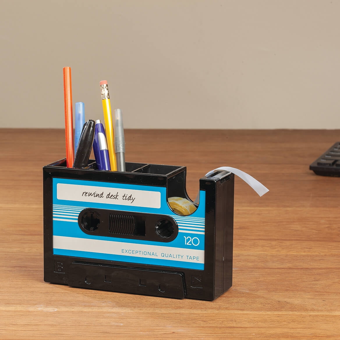 Retro Cassette Tape Dispenser and Desk Organizer, Crafted with Durable Plastic, Office Décor - Measures 6 3/4" Long x 2" Wide x 4 1/2" High