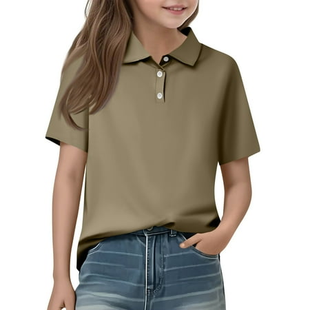 Girls Collared School Uniform Polo Shirts Kids Short Sleeve Pique Polo Shirt Camel 5-6 Years