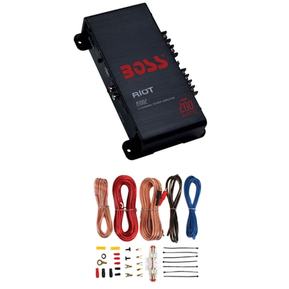 BOSS R1002 200W 2-Channel Car Audio Amplifier Amp & 8 Gauge Install Amp Kit&RCA