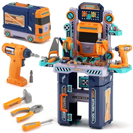 Kids Tool Bench Play Set, Foldable Kids Workbench with Realistic Tools & Electric Drill, Pretend Play Construction Toy, Kids Tool Sets for Boys Age 2-4