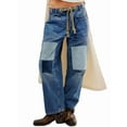 thumbnail image 2 of Womens Loose Horseshoe Jeans Wide Leg Patchwork Low Rise Denim Pants with Pockets Blue S, 2 of 7