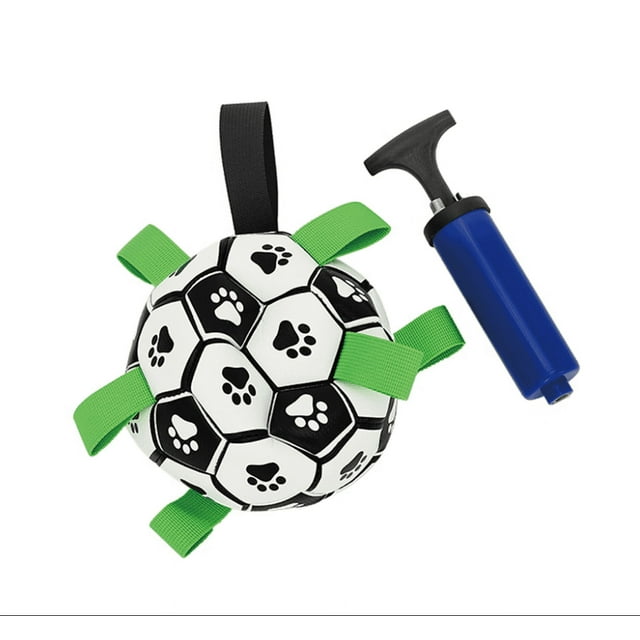 Pelota de fútbol iluminada para perros, juguete para perros con asas, pelota de fútbol para perros con bomba, juguete interactivo para perros (19 cm) para interiores, exteriores y en el agua