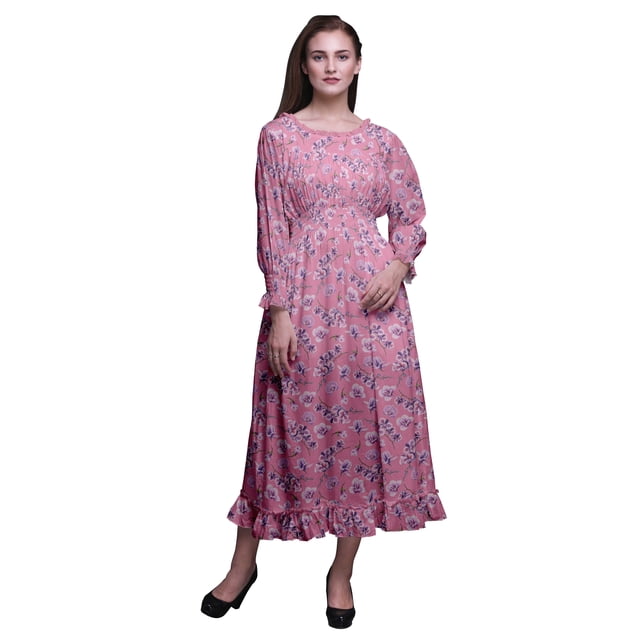 Bimba Robe Florale pour Femme à Manches Longues, Smockée, Col Rond, à Volants, Été, Maxi-Xx-Grand