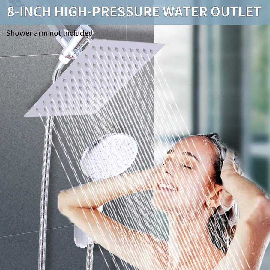 Shower Head Combo,8/10/12" Rain Square Shower Head  With 9 Inch Adjustable Extension Arm And 3 Settings Handheld Spray,150cm Long Hose