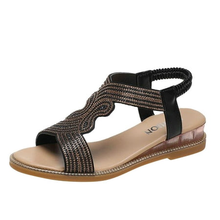 

GNEIKDEING Women s Summer Rhinestones Non Slip Elastic Band Fish Mouth Wedges Beach Open Toe Breathable Sandals Shoes Gift on Clearance