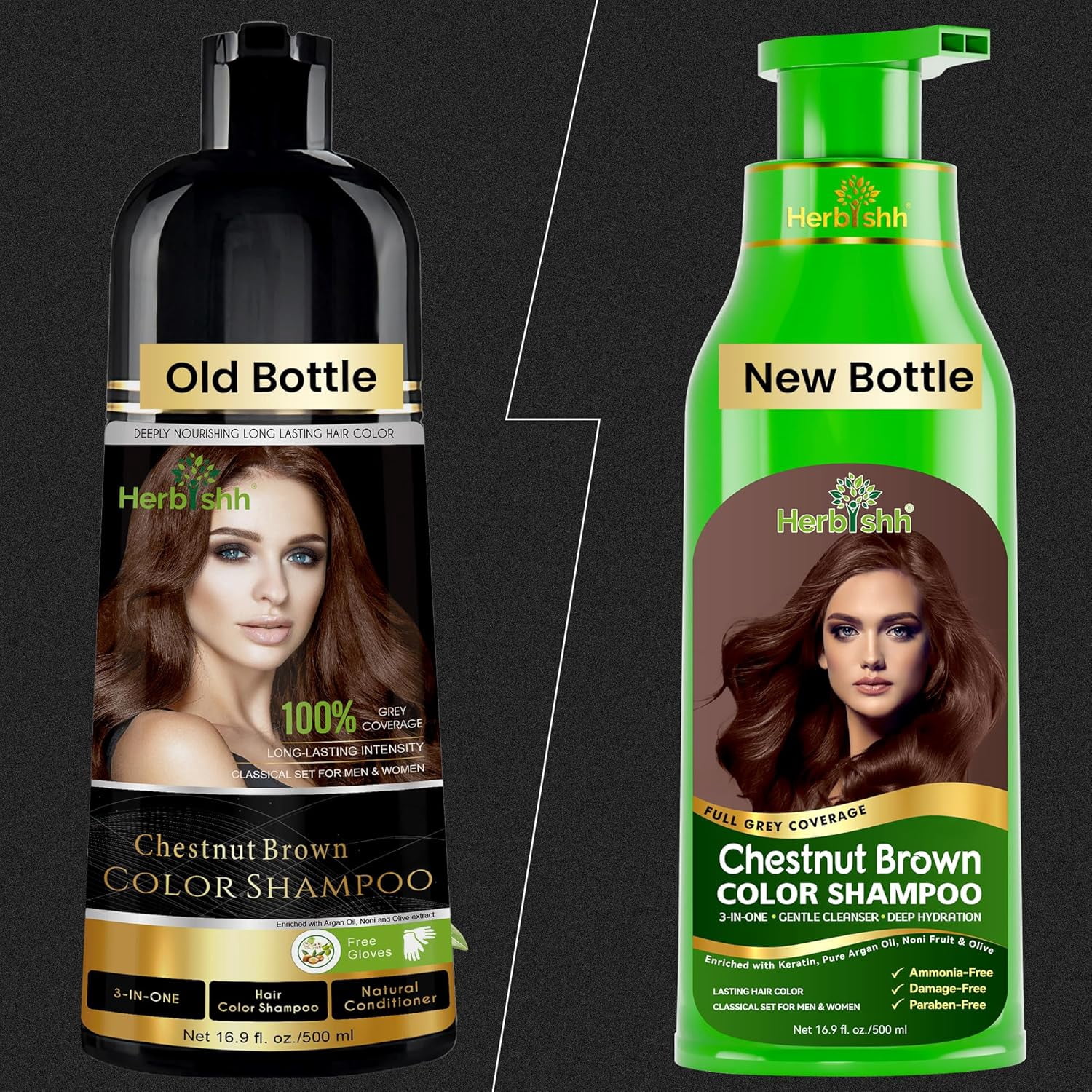 Herbishh Chestnut Brown Hair Dye Shampoo 500ml, Long Lasting Color Shampoo for Grey Hair, 3-in-1 Natural Hair Dye, Ammonia-Free Formula, Hair Color for Women & Men,