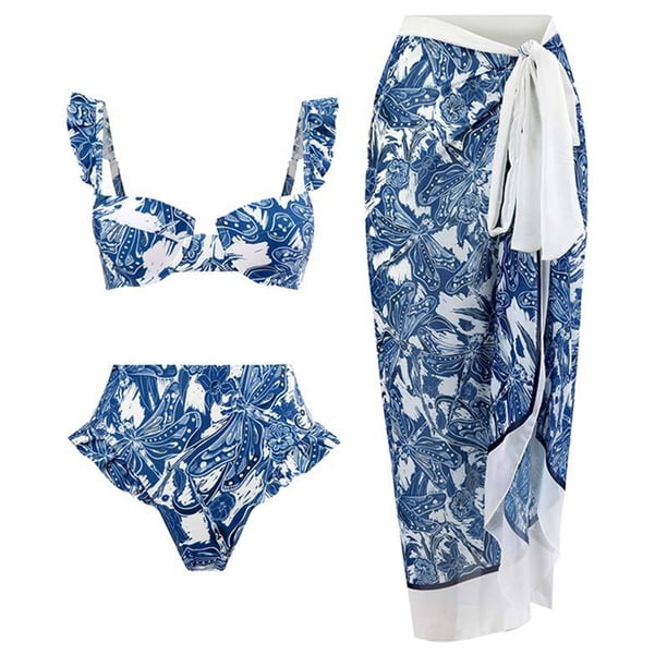MKLEKYY Trajes De Baño New Swimsuit Digital Printed Mesh Skirt Two Piece Set For Women In Bikini