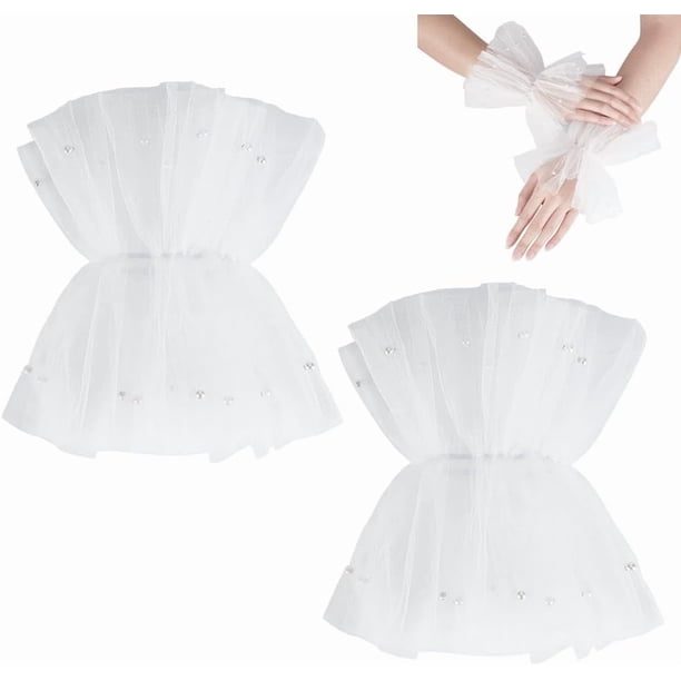 Guantes cortos de encaje sin dedos, guantes de tul con perlas para boda, guantes con puños para mujer, ideales para fiestas de disfraces y bodas.