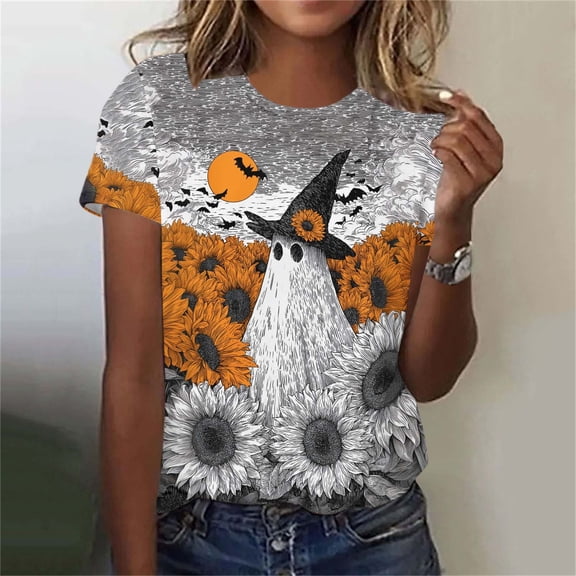 VKOYWKM Women's Halloween T-Shirts Funny Halloween Graphic Tees Fall Crew Neck Loose Fit Halloween T-Shirts Short Sleeve Spooky Tops