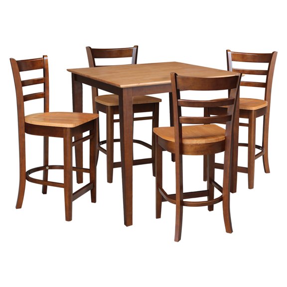 36" x 36" Solid Wood Counter Height Table in Cinnamon/Espresso & 4 Stools