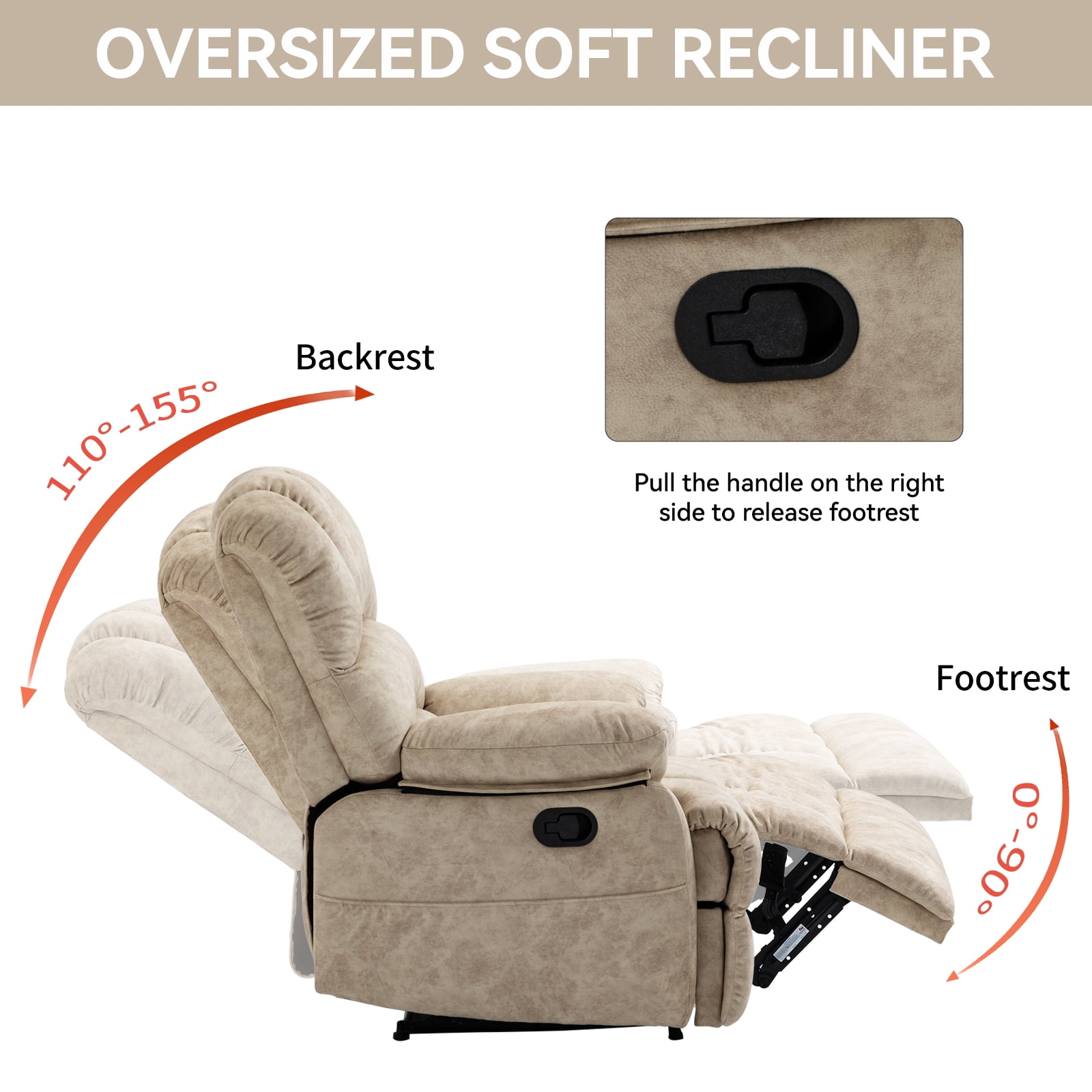 Large Manual Recliner Chair Fabric Living Room Oversized Comfortable Reclining Sofa with Pillow Top Arms Beige