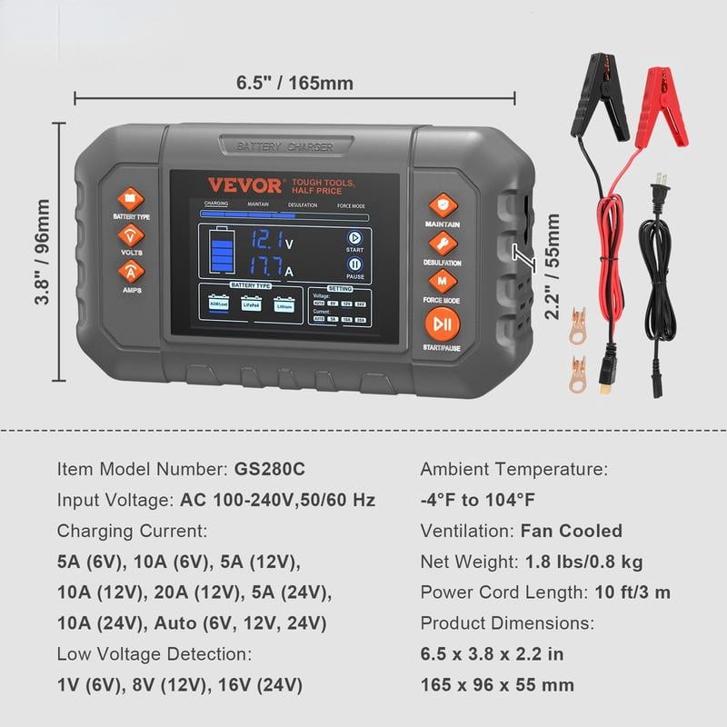 Smart Battery Charger with LCD Display, 12V/24V LiFePO4 & Lead-Acid (AGM/Gel/SLA) Charger, Trickle Maintainer & Desulfator for Car, Boat, Motorcycle, Lawn Mower, Deep Cycle Batteries