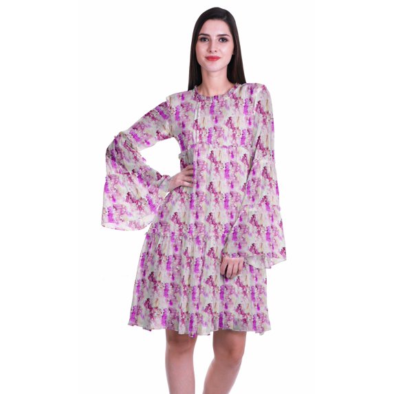 Moomaya Womens Long Sleeve Printed Knee Length Dress Flared Flowy Summer Dress