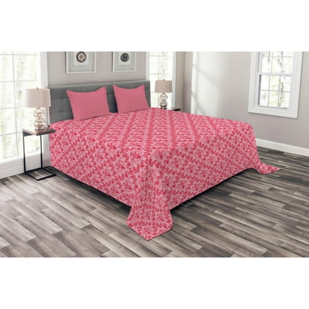 Natures Damask - Damask Bedspread Set, Abstract Middle Ages Motif Blooming Nature Theme Floral Arrangement Curves, Decorative Quilted Coverlet Set with Pillow Shams Included, Pink Dark Coral, by Ambesonne