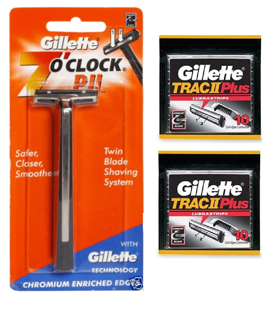 Gillette 7 O'Clock PII Trac II Razor + Trac II Plus Refill Blade Cartridges 10 ct. (Pack of 2