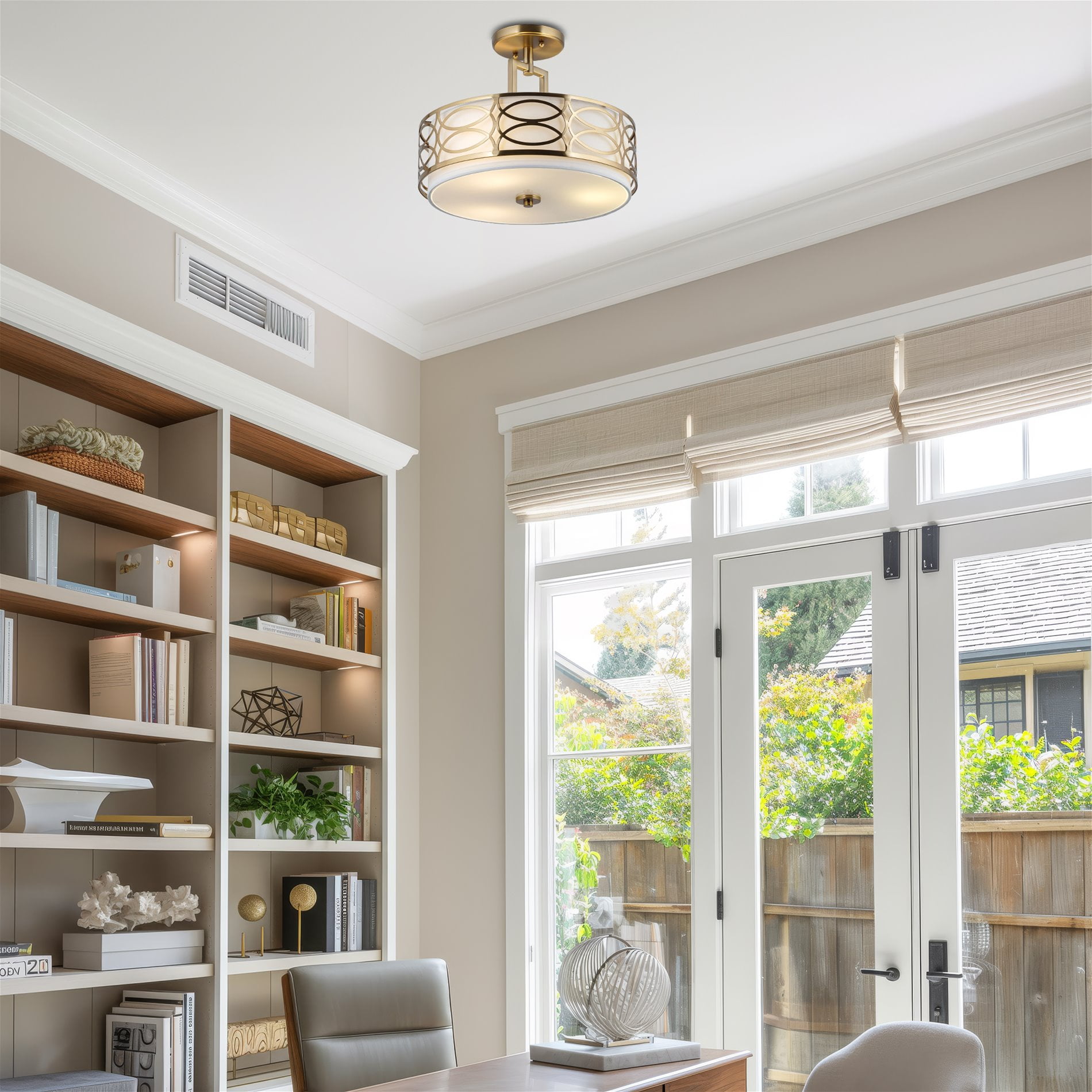 Kira Home Sienna 15" Lattice Drum Gold, Gold Ceiling Light, White Linen Shade, Glass Diffuser, Cool Brass