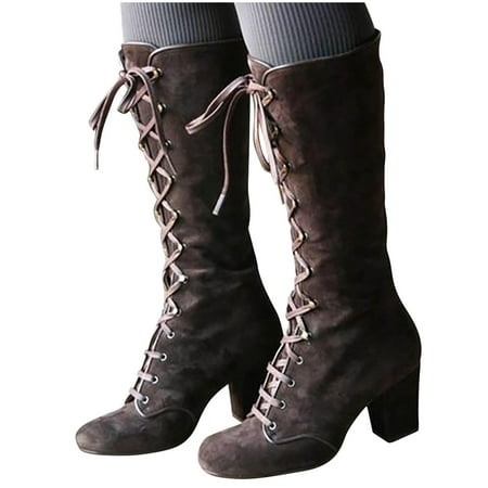 

High Heel Boots for Women Knee High Boots Vintage Wide Calf Boots Lace Up Shoes Winter Fall Boots for Women 2022 Cowgirl Booties