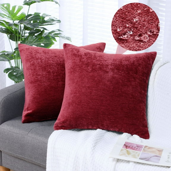 REGALWOVEN Set of 2 Chenille Throw Pillow Covers, Soft Decorative Cushion Covers Burgundy 16x16 Inch