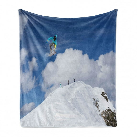 Winter Soft Flannel Fleece Throw Blanket, Flying Snowboarder on the Mountaintop with Cloudy Sky Extreme Sports Theme Photo, Cozy Plush for Indoor and Outdoor Use, 70" x 90", Blue White, by Ambesonne