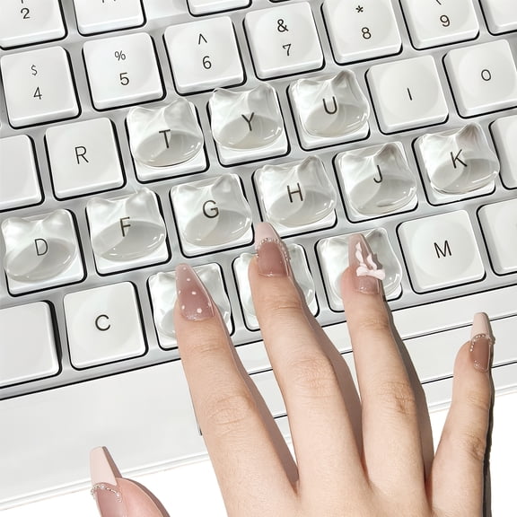 VNLEXMC Transparent Glass Long Nail Keyboard Caps – 80 Raised Cat Head Keyboard Stickers, Nail-Safe Typing Bubbles, Clear PC/Laptop/Desktop/Calculator Key Covers
