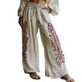 thumbnail image 2 of Bovemsi Women's Bubble Texture Linen-Like Ethnic Print Casual Pants – Retro Floral Wide Leg Trousers for Summer, Red, 3XL, 2 of 4