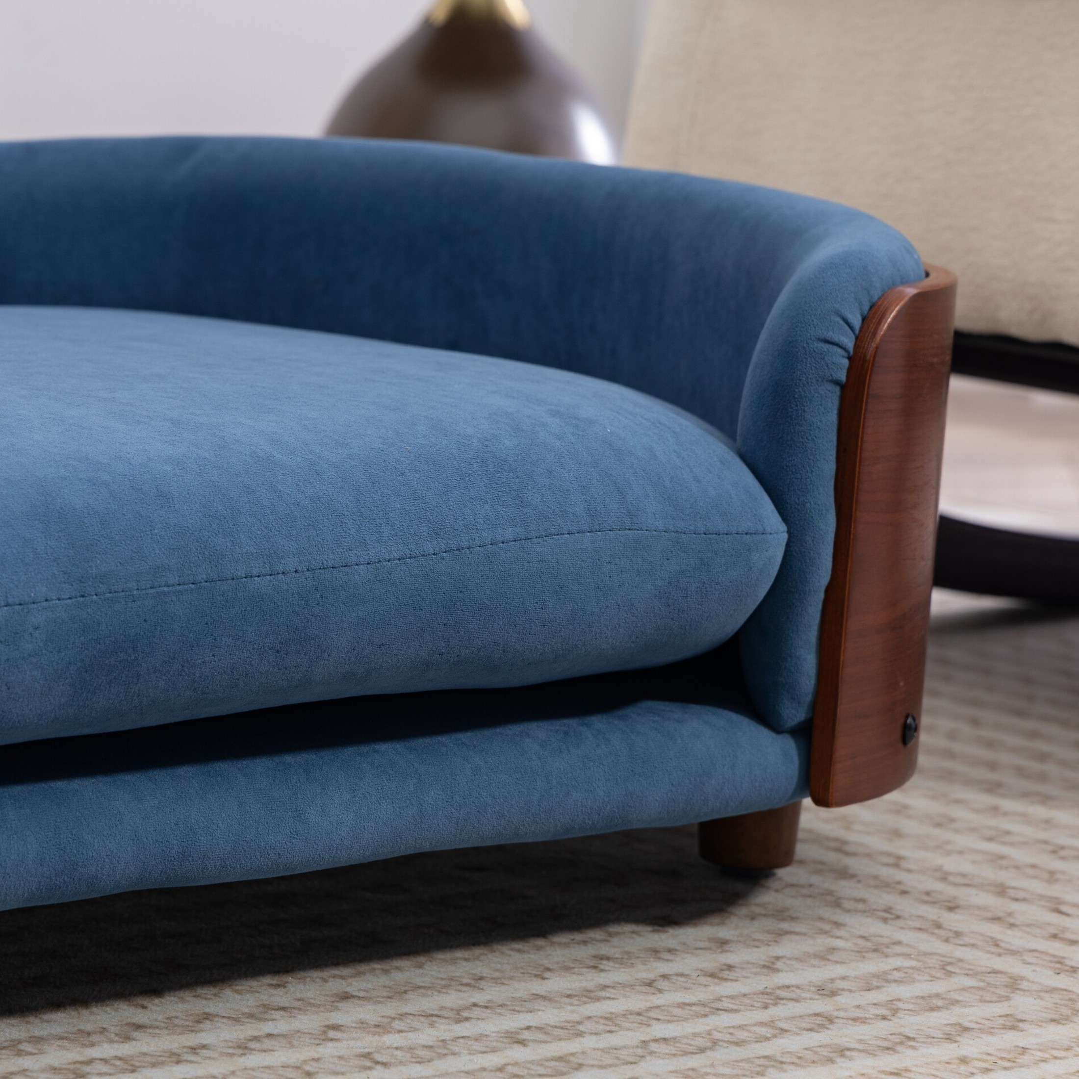 Noble House Scandinavian Elevated Large Dog Bed, Pet Sofa with Solid Wood Frame, Dark Blue and Walnut