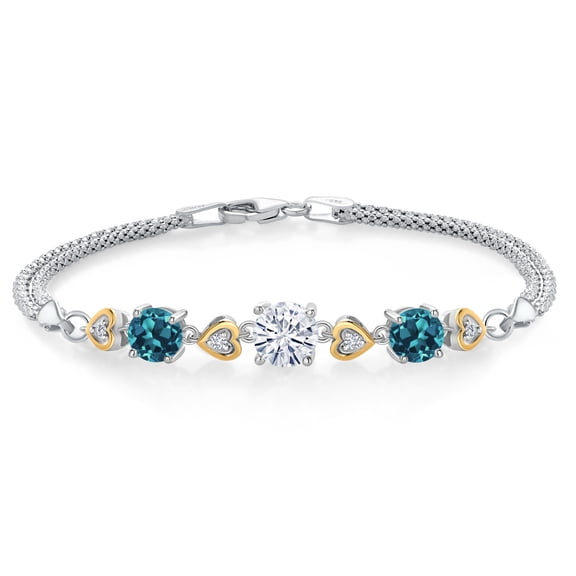 Gem Stone King 925 Sterling Silver and 10k Yellow Gold White Moissanite London Blue Topaz and White Lab Grown Diamond Bracelet for Women (3.48 Cttw, Round 7MM and 6MM, 6.5/7/7.5 inch, Made in Italy)