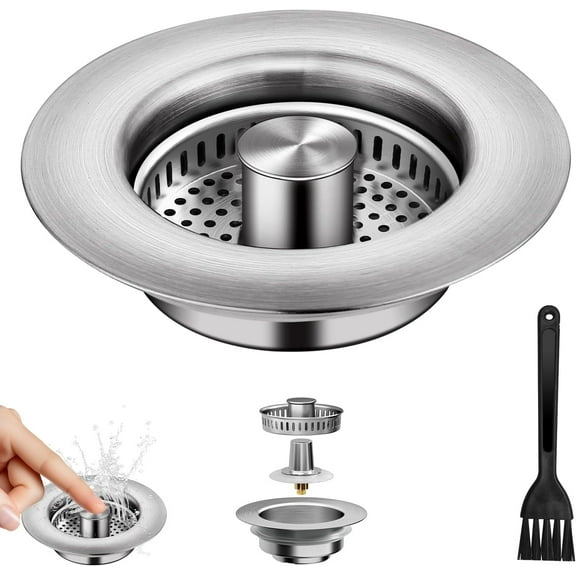 3-in-1 Kitchen Sink Drain Strainer & Sink Stopper - 304 Stainless Steel Pop Up Sink Drain Strainer, Anti-Clogging Kitchen Sink Stopper with Fast Drain Design, Fits Standard 3-1/2'' Sink Drains