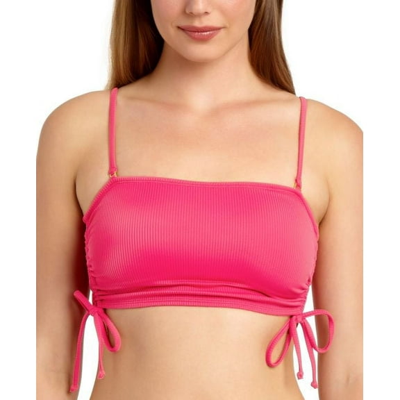 California Waves PINK SHOCK Ribbed Side-Tie Bandeau Bikini Swim Top, US Small