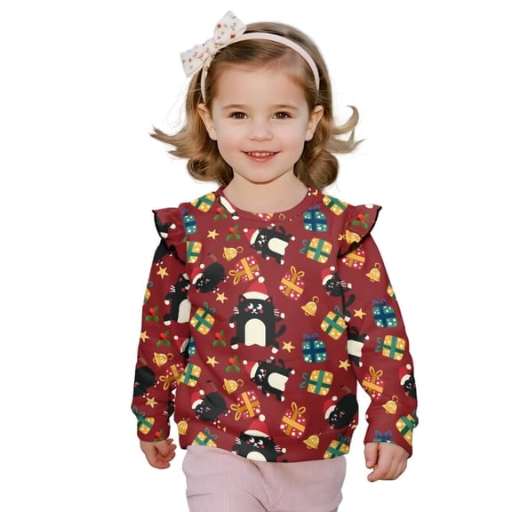 Garronmavis Christmas Cats Long Sleeve Sweatshirt 2T Comfortable Kids Sweatshirts Pullover Loose Ruffle Long Sleeve Girls Top Stylish Girls Pullover Crewneck Sweatshirt for Toddler Kids