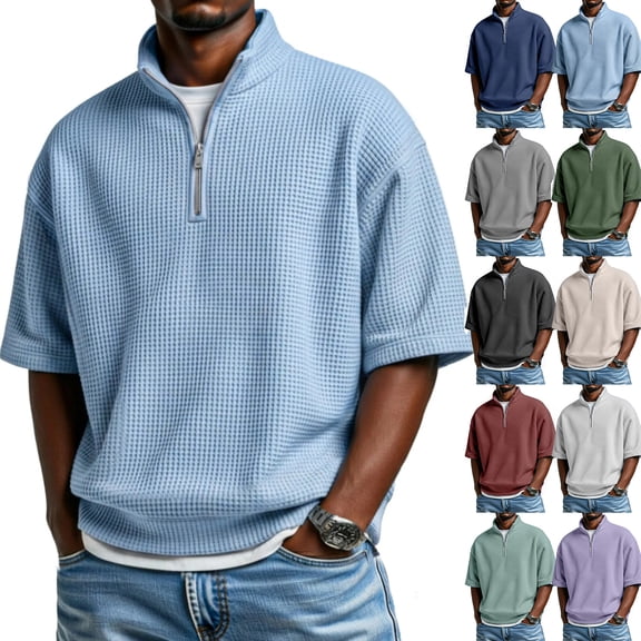 Qwertyu Short Sleeve Golf Shirts for Men Waffle Knit Oversized Quarter Zip Stand Collar T Shirt Casual Solid Big and Tall Tee Tops Mint Green M