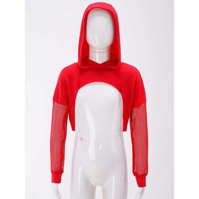 ranrann Enfants Filles Jazz Hip Hop Performance Sweat à Capuche Manches Longues Crop Top Rouge 14